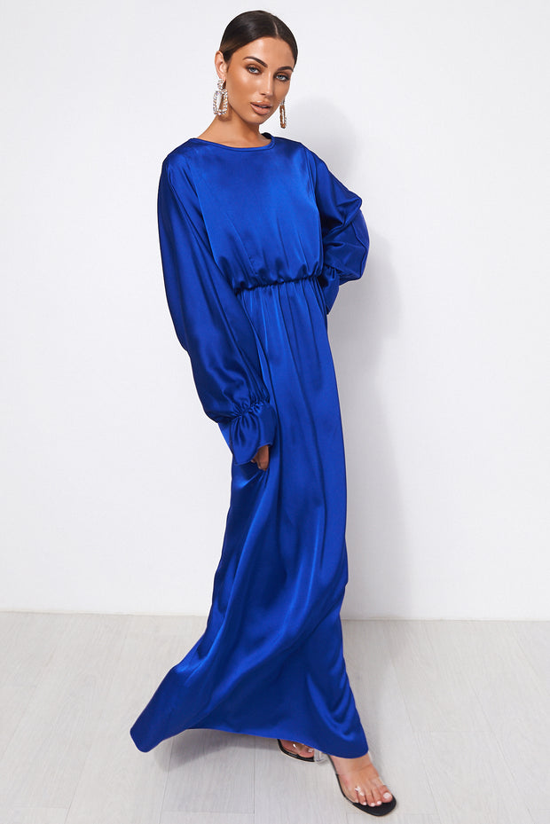 Blue Satin Long Sleeve Maxi Dress – The ...